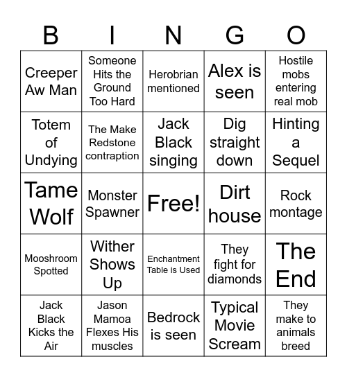 Minecraft Movie Bingo Card
