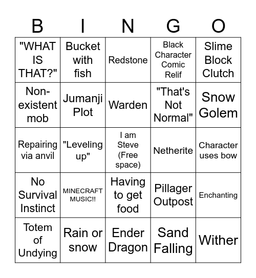 MINECRAFT MOVIE BINGO Card