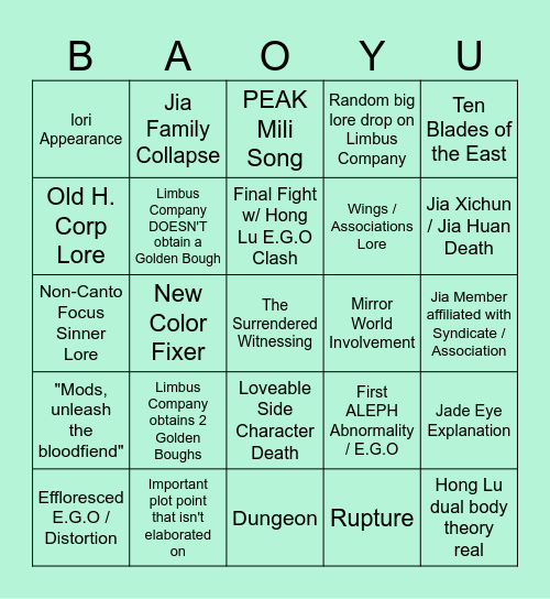 Canto VIII Bingo Card