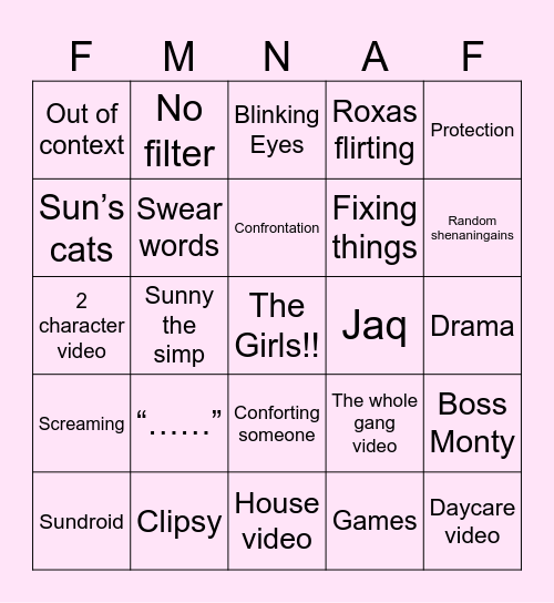 Femme Nights at Freddy’s Bingo Card