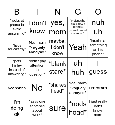 Things Ryan Says When He Comes Home Bingo Card