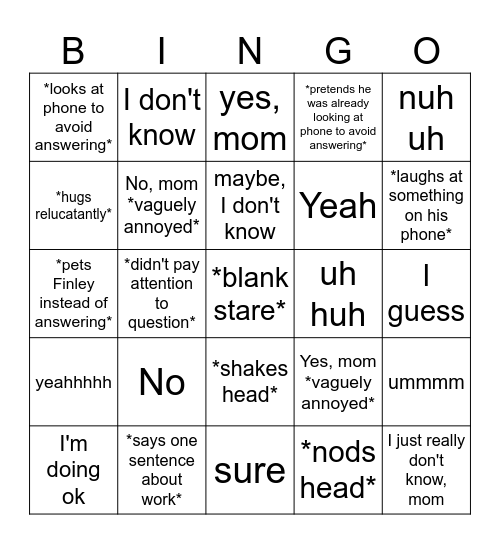 Things Ryan Says When He Comes Home Bingo Card