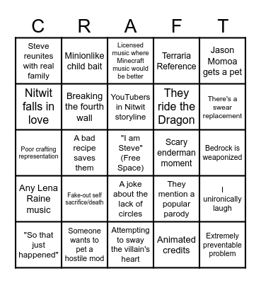 Minecraft Movie Bingo Card