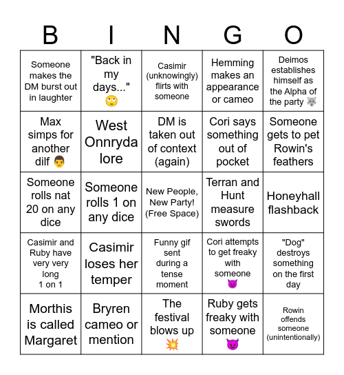 Onnryda Season 2 Session 1 Bingo!!!! Bingo Card