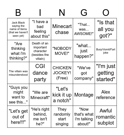 Minecraft Movie Bingo Card