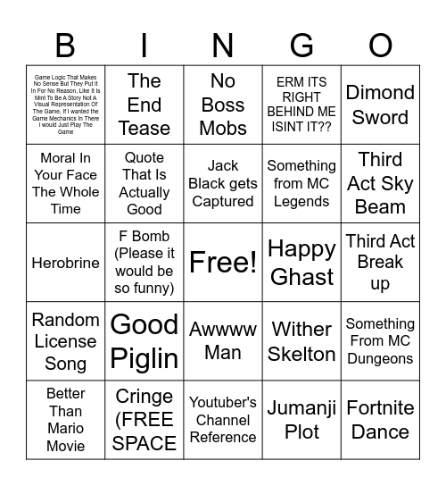 Mind Craft Movie Bingo Card