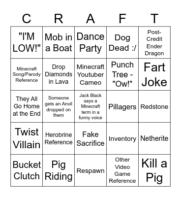 Minecraft Movie Bingo Card