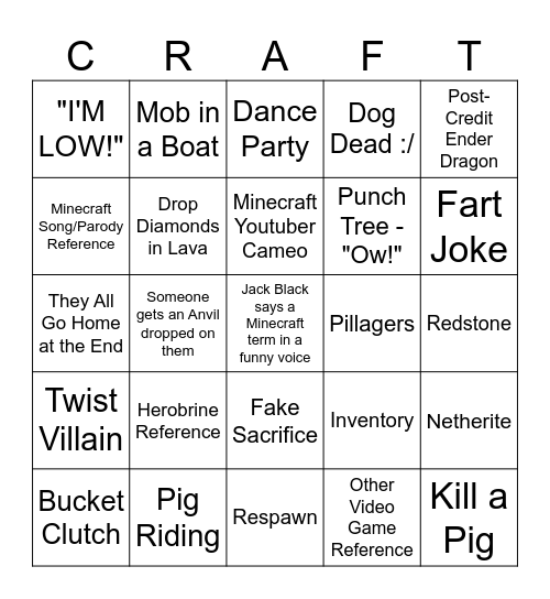 Minecraft Movie Bingo Card