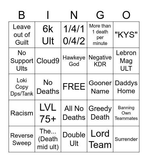 Marvel Rivals V1 Bingo Card