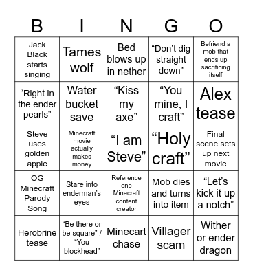 minecraft movie bingo Card