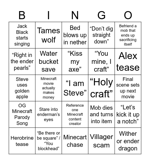 minecraft movie bingo Card