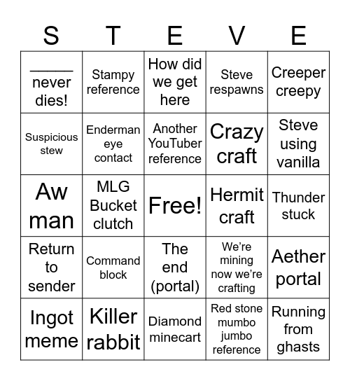 Minecraft Movie Bingo Card