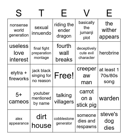 Minecraft Movie Bingo Card