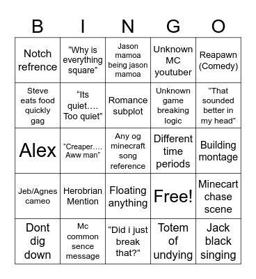 Minecraft Movie card Bingo Card