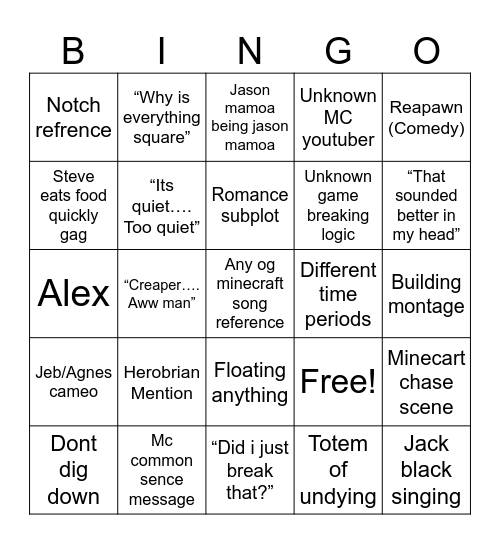 Minecraft Movie card Bingo Card