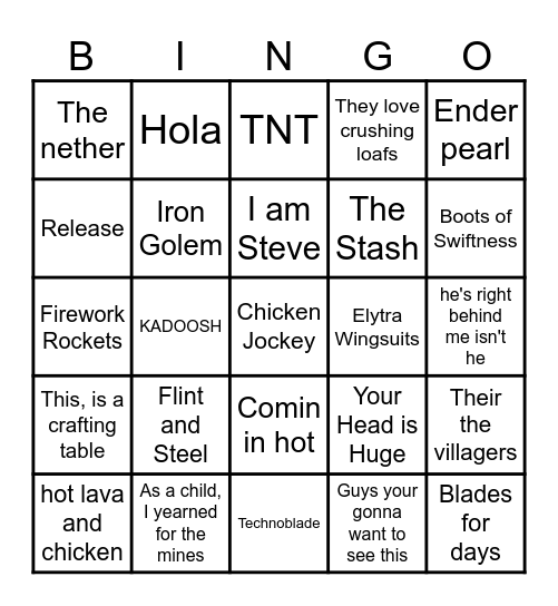 Minecraft Movie Bingo Card