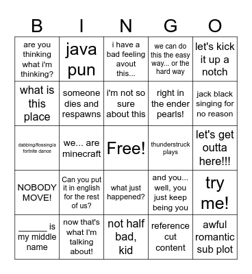 Minecraft Movie Bingo Card