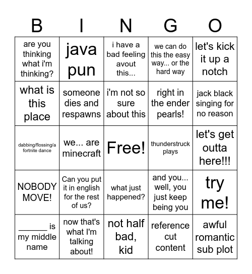 Minecraft Movie Bingo Card