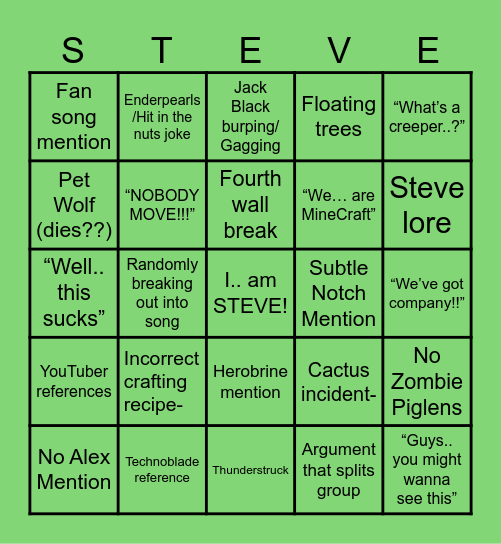 Minecraft Movie Bingo Card