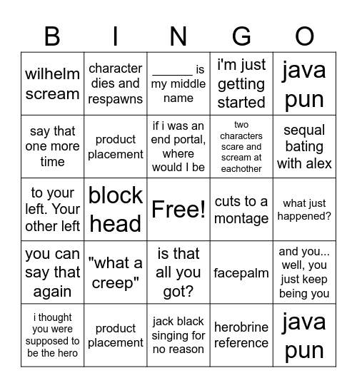 Minecraft Movie Bingo Card