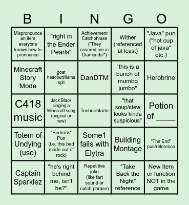 Minecraft Movie Bingo Card