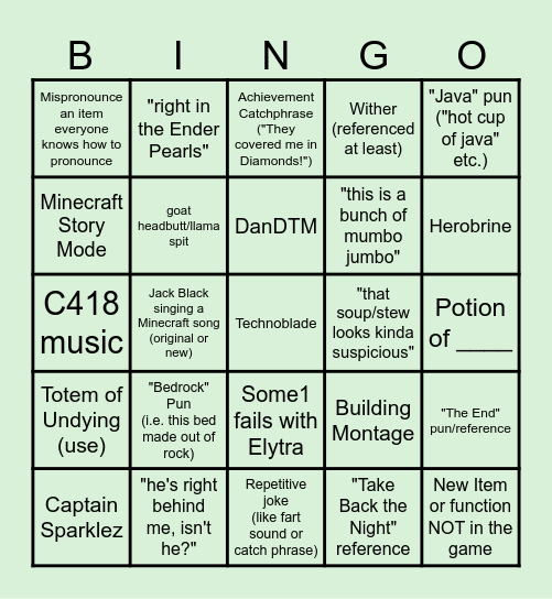 Minecraft Movie Bingo Card