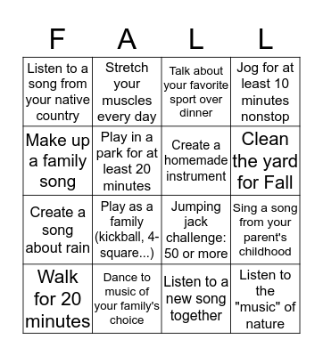 PE and Music FAMILY Bingo Card