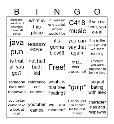 Minecraft Movie Bingo Card