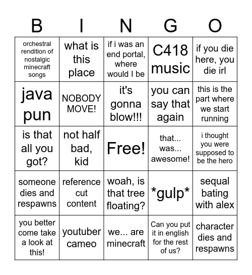 Minecraft Movie Bingo Card