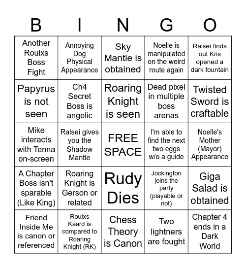 Deltarune Chapters 3+4 Bingo Card