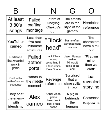 Minecraft Movie Bingo Card