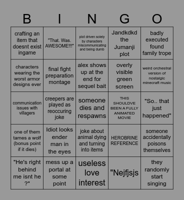 the Minecraft movie bingo Card