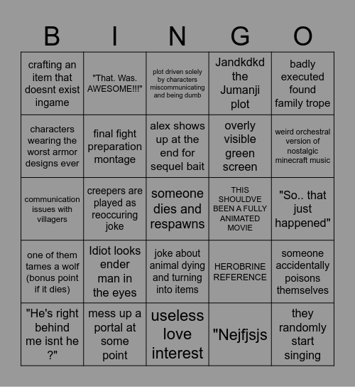 the Minecraft movie bingo Card