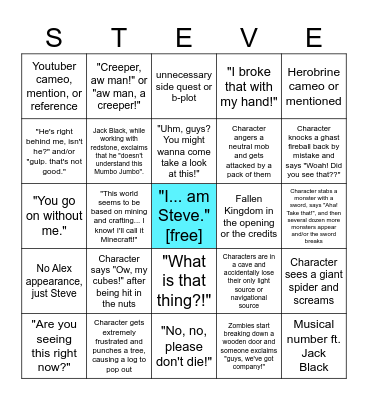 Minecraft Movie Bingo Card