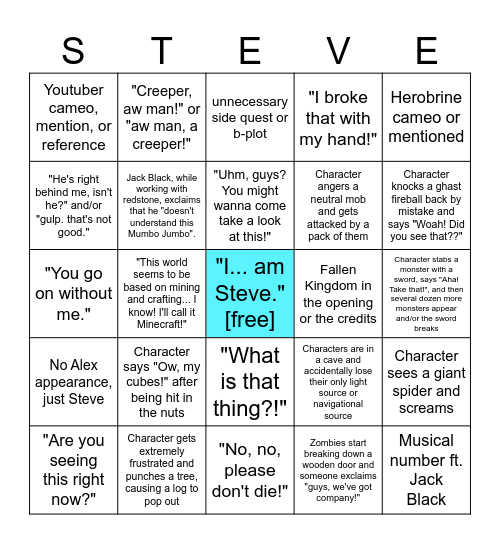 Minecraft Movie Bingo Card