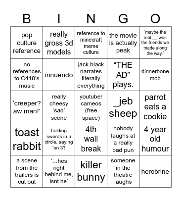 minecraft movie Bingo Card