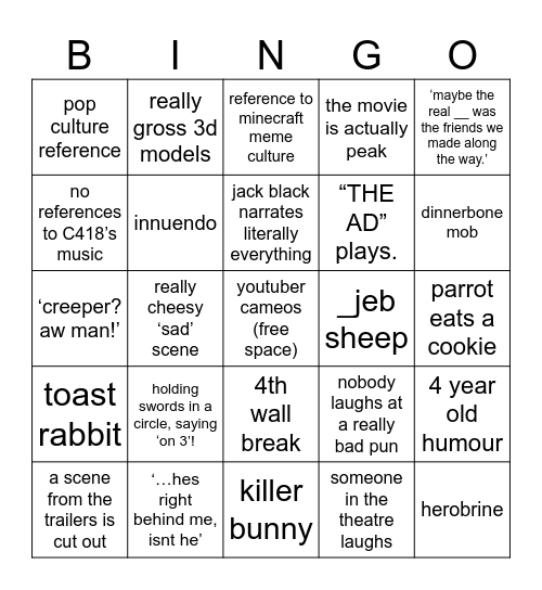 minecraft movie Bingo Card