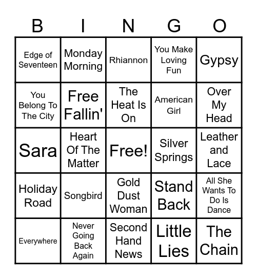 Stevie Nicks and Friends Bingo Card