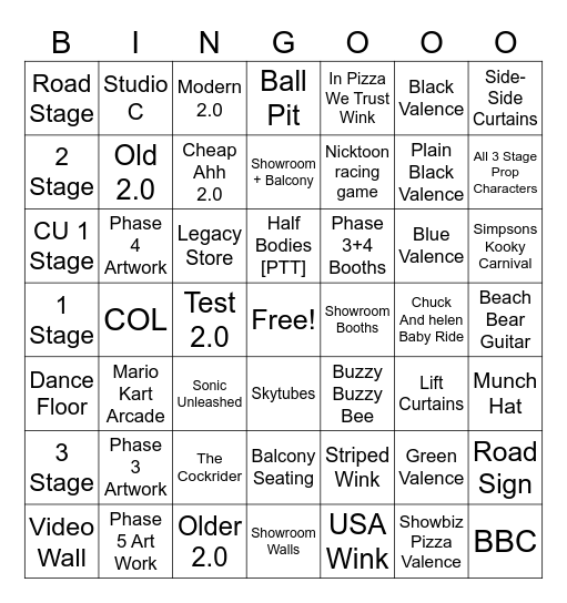 Chuck E Cheese Bingo Card