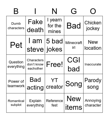 Minecraft movie Bingo Card
