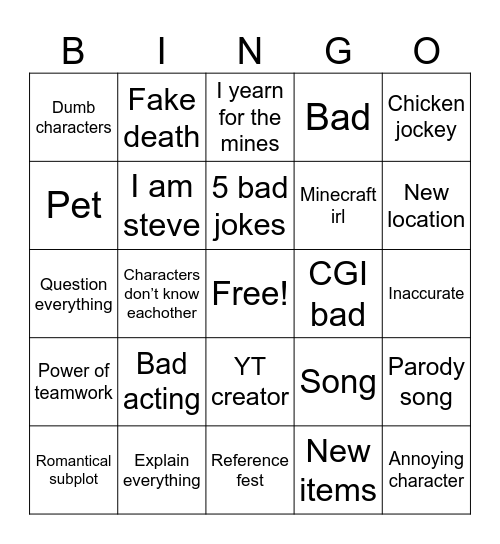 Minecraft movie Bingo Card