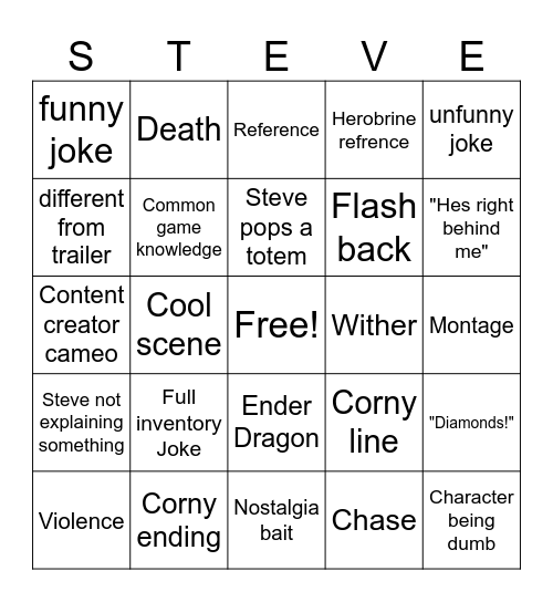 Minecraft Movie Bingo Card