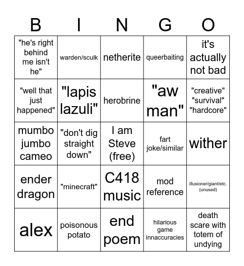 a minecraft movie (2025) bingo Card