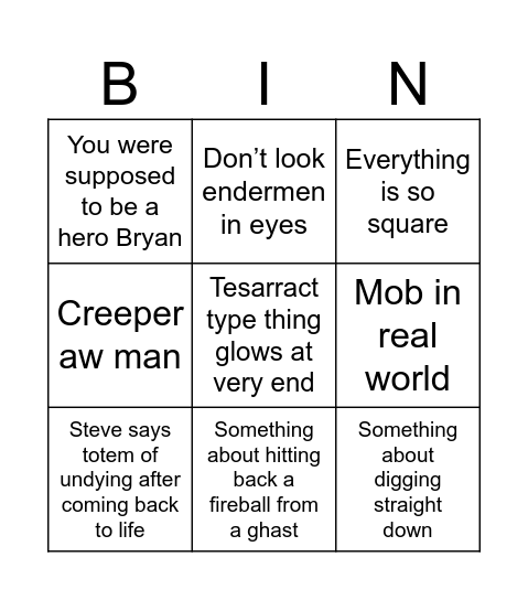 Mincecraft Bingo Card