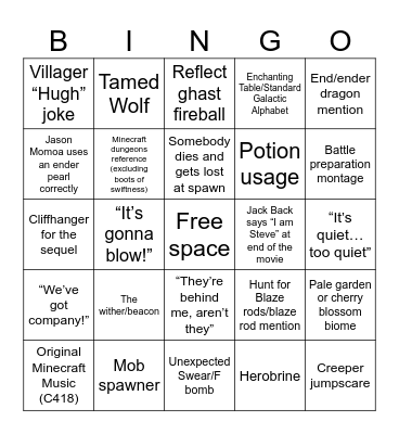 A MINECRAFT MOVIE Bingo Card