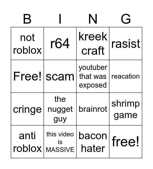 roblox shorts bingo Card