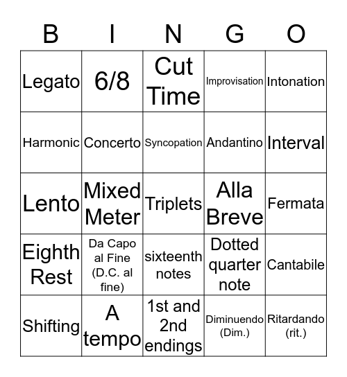 Orchestra Bingo Card