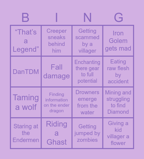 Minecraft movie Bingo Card