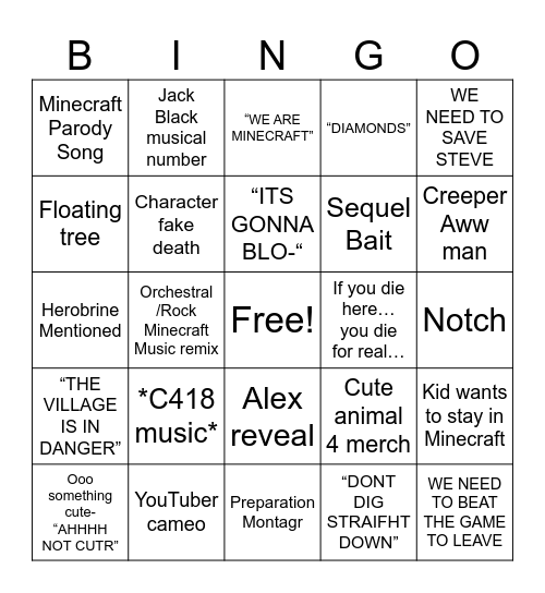 Minecraft Movie Bingo Card