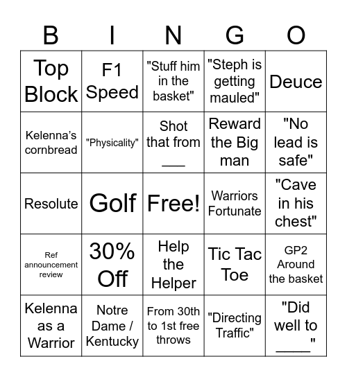 Bob and Kelenna Bingo Card